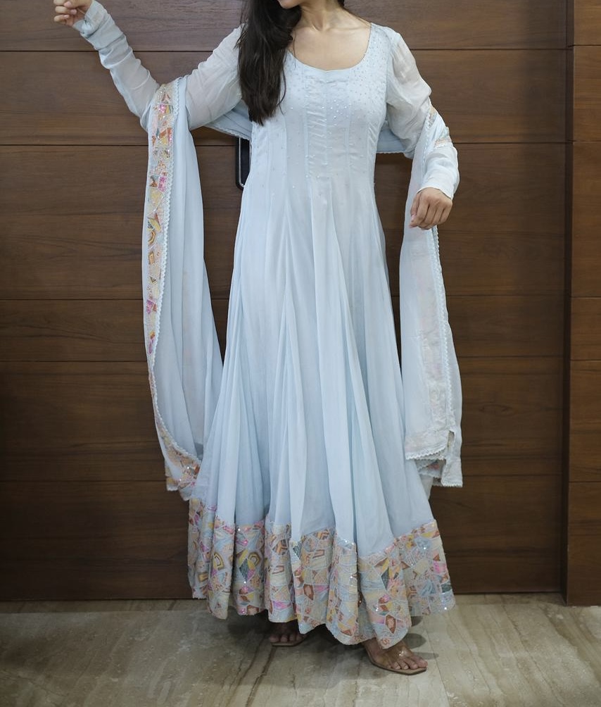 Powder blue anarkali with embroidered border and dupatta