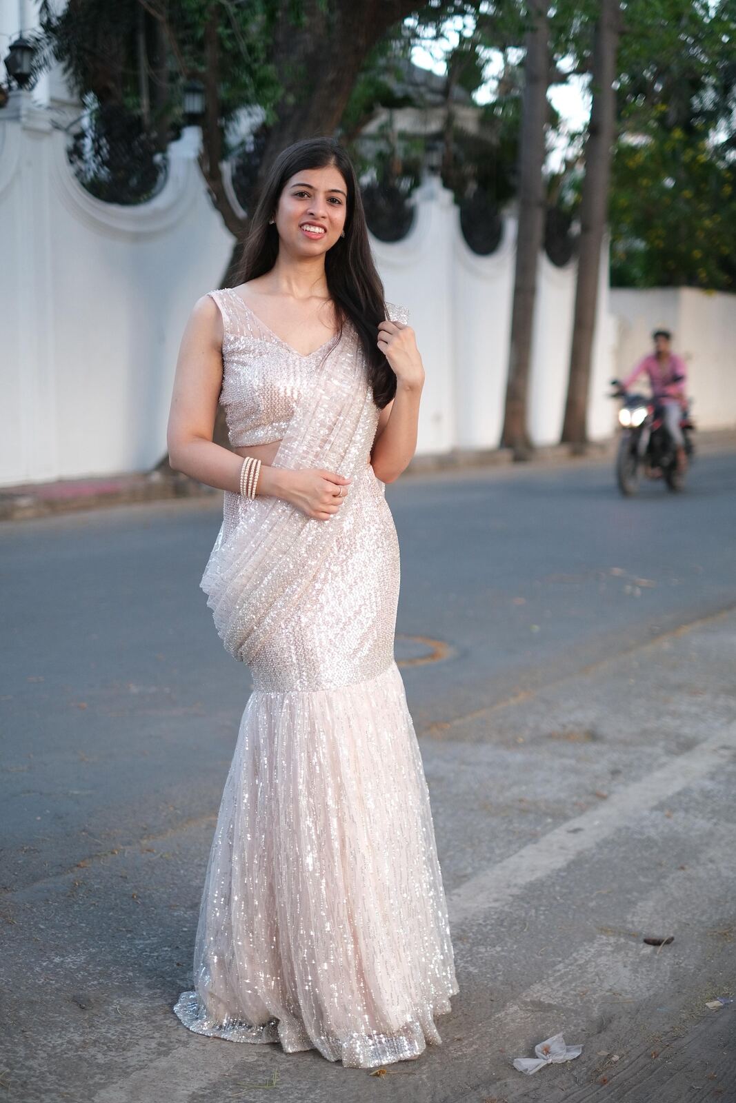 Blush pink sequin pre-draped saree gown