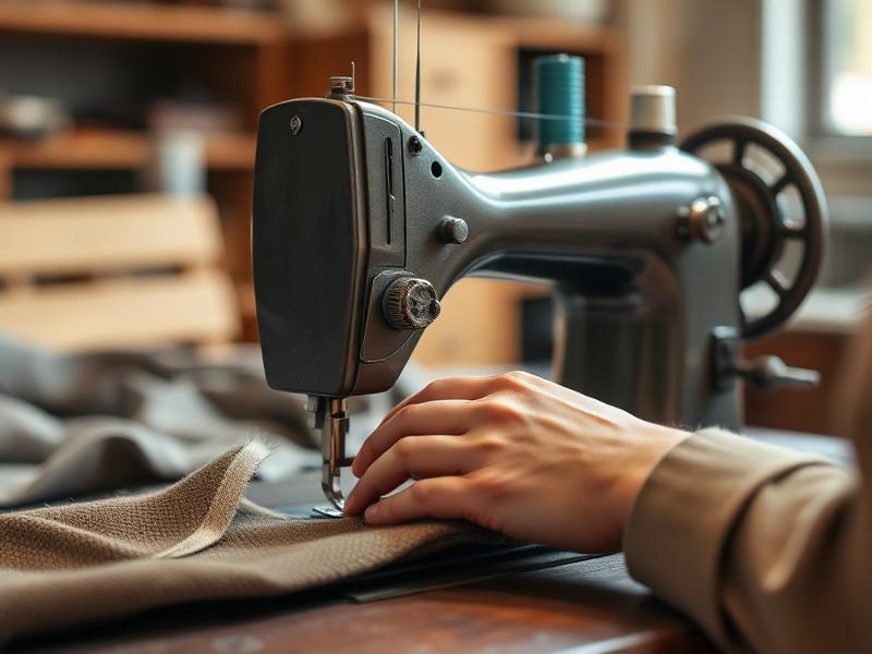 Tailor stitching fabric on sewing machine