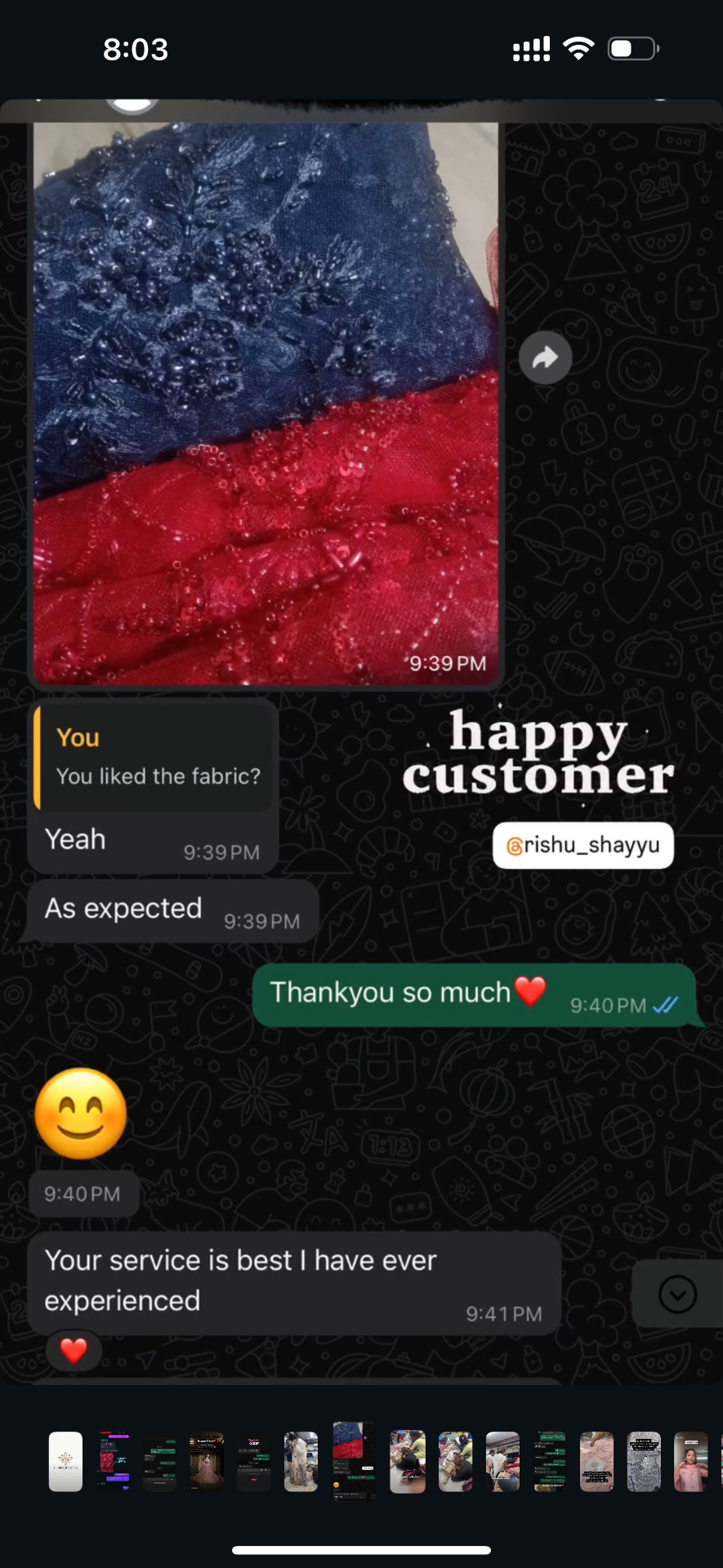 Customer message: your service is the best I have ever experienced
